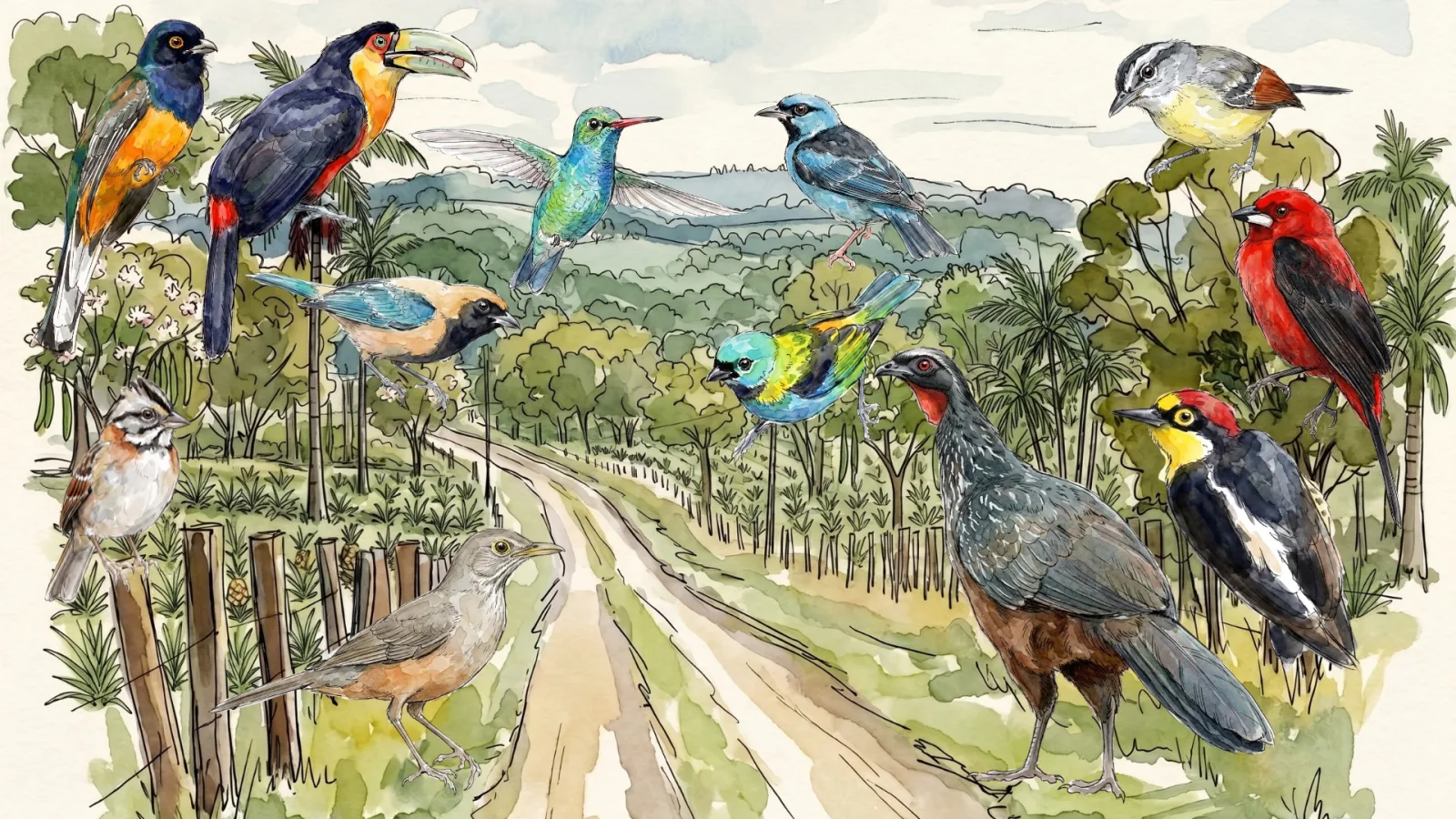 Agrofloresta: comunidade de aves diversa, com espécies florestais e coloridas.